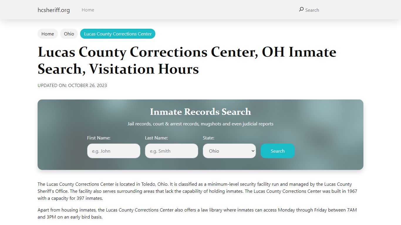 Lucas County Corrections Center, OH Inmate Search, Visitation Hours